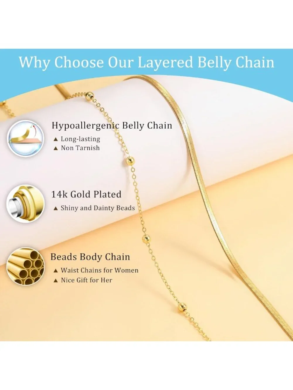 14K Gold Plated Layered Waist Chain for Women, Elegant Waist Beads Accessory